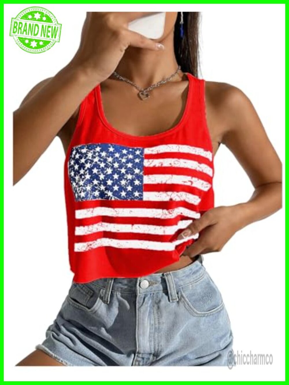 Women's Patriotic American Flag Print Crop Tank Top Red Graphic Tee